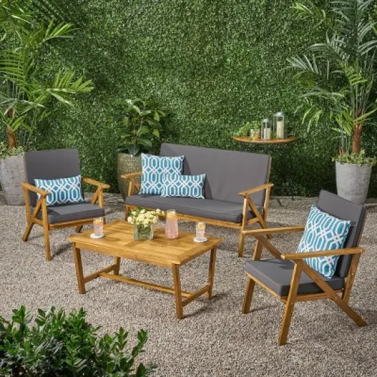 Panama 4pc Acacia Wood Patio Chair Set - Teak Finish - Christopher Knight Home image {1}