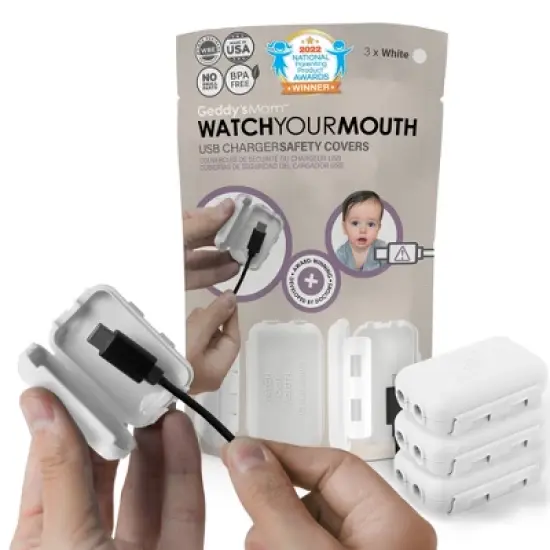 Geddy's Mom: Watch Your Mouth: White - 3 Pack - USB Charger Child Safety Covers image {1}