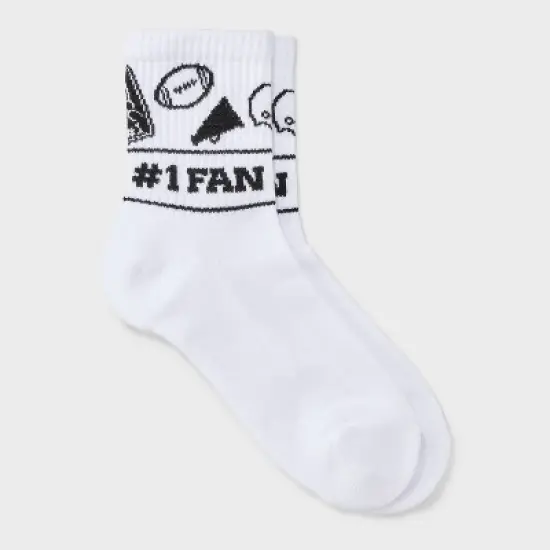Women's Game Day "#1 Fan" Ribbed Cushioned Mid Crew Socks - Wild Fable&trade; White/Black 4-10 image {3}