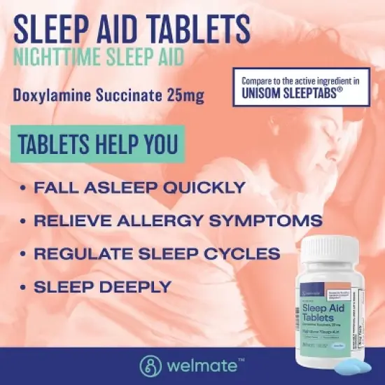 Welmate Sleep Aid |Doxylamine Succinate 25mg | 100 Count Extended-Release Tablets image {4}