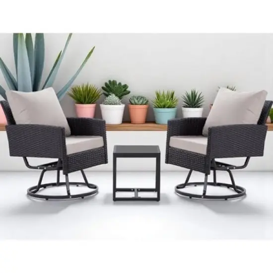 3-Piece Wicker Patio Furniture Set, Rattan Swivel Chairs with Coffee Table, Outdoor Seating for Porch, Balcony, or Garden &ndash;Wicker with Cushions image {11}