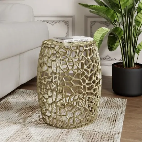 Aluminum Drum End Table with Intricate Design-Gold image {4}