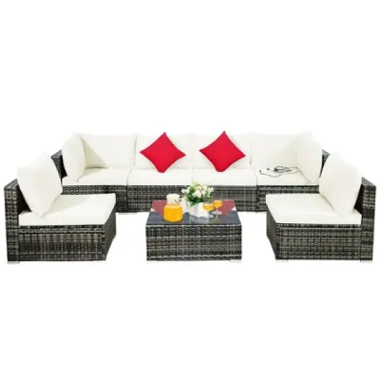 Costway 7PCS Patio Rattan Furniture Set Sectional Sofa Garden White Cushion image {2}
