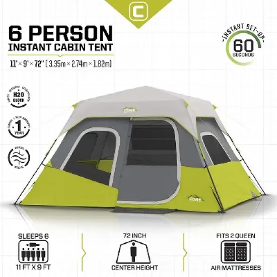 Core Equipment 11'x9' 6 Person Durable Quick Setup Camping Tent with Air Vents, Loft, Rainfly, Room Divider and Carry Bag - Red image {4}