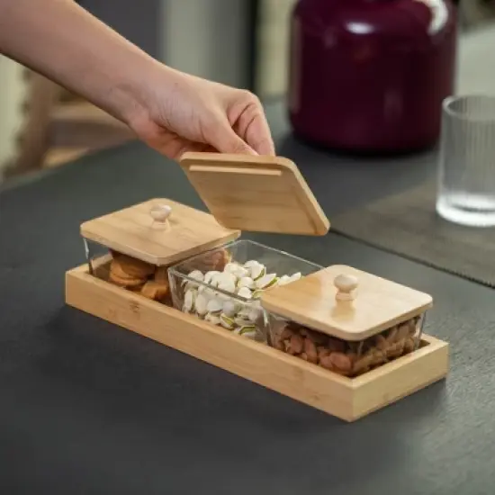 Basicwise Glass Jars with Bamboo Lids and Wooden Tray &ndash; Rectangular Charcuterie, Snack Organizer and Fruit Platter for Party, Candy Jars,and Cookies image {2}