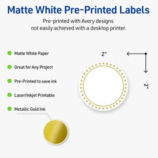 Avery Labels, 2" Diameter, Matte White, Gold Border w/ Gold Dots, 120ct image {1}