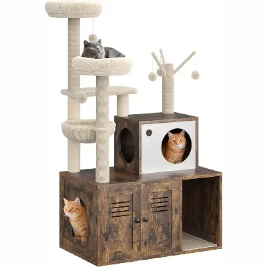 55'' Cat Tree Tower with Hidden Litter Box Enclosure, Cat Condo with Hammock, Scratching Post, Teaser Toys, Modern Furniture, Rustic Brown/Grey image {7}