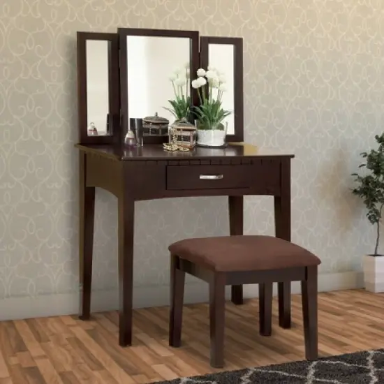 Wooden Vanity Table with 3 Panel Mirror and Padded Stool Brown - Benzara image {4}