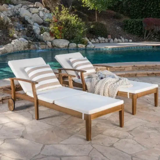 Christopher Knight Home Perla Outdoor Acacia Wood Armless Adjustable Chaise Lounge with Cushion (Set of 2) image {12}