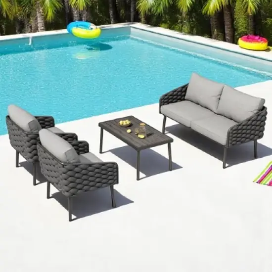 4-Piece Outdoor Patio Furniture Set with Rope Woven Chairs, Loveseat, Plastic-Wood Coffee Table, Water-Repellent Cushions & Rust-Resistant Frame image {9}