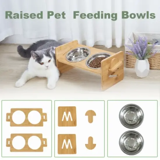 Artloge Elevated Dog Bowls Feeder Stand Bamboo 4 Level Adjustable Raised Food Water Pet Cat Feeding Station with two Bowls image {4}
