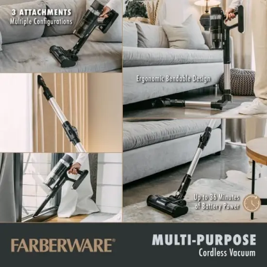 Farberware Cordless Platinum Stick Vacuum Cleaner, Smart Sensor Technology for Carpet and Hard Floors, Bendable Design, Converts to Handheld Vacuum image {1}