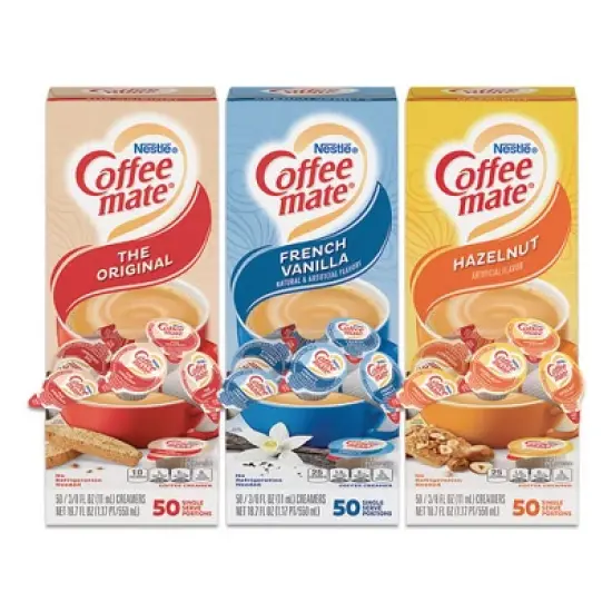 Coffee Mate Liquid Coffee Creamer, French Vanilla/Hazelnut/Original, 0.38 oz Mini Cups, 150/Carton image {4}