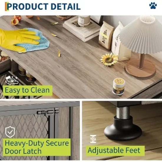 Acekool 44" Dog Crate Furniture with Drawers, Double Doors, Open Compartment, Heavy Duty Indoor Dog House End Table, Brown & Black image {4}