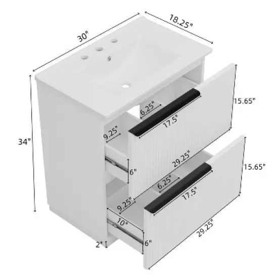 30" Fluted Bathroom Vanity with Sink &acirc;&acirc;&sbquo;?Ceramic Basin, Soft Close Drawers,Split Storage,Freestanding Vanity Cabinet with 8" Faucet Compatibility image {8}