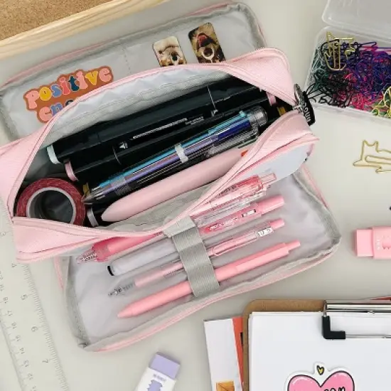 Wrapables Large Capacity Pencil Case, 3 Compartment Pencil Pouch for Stationery Pens, Pink image {4}