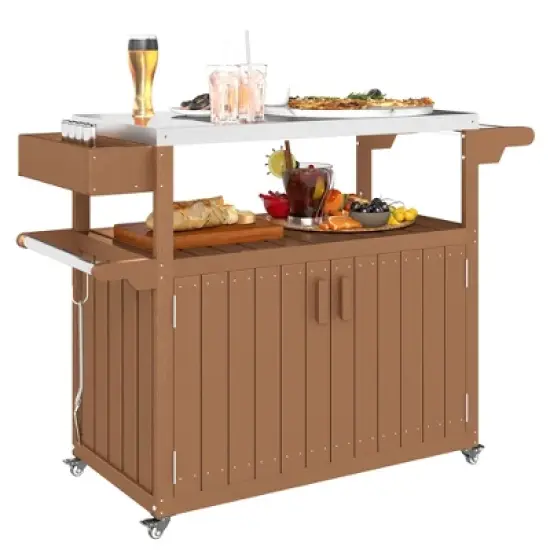 Outsunny Outdoor Bar Cart with Storage, Stainless Steel Top, HDPE Outdoor Kitchen Cart on Wheels, Outdoor Bar Table Beverage Food Prep Station image {7}