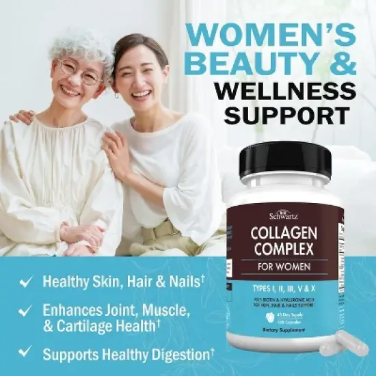 Collagen Complex Supplement for Women, Multi Collagen Supplement for Hair, Skin & Nails Support, Bioschwartz, 135ct image {1}