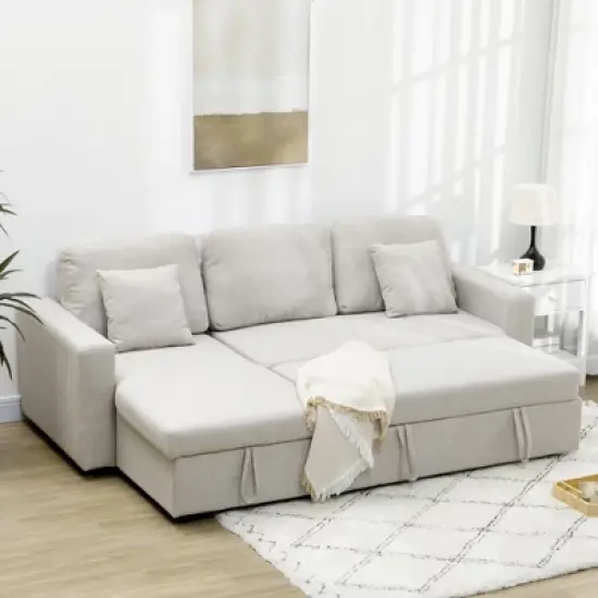HOMCOM Sectional Sleeper Sofa, Linen Fabric L Shaped Couch with Pull out Bed, Reversible Storage Chaise for Living Room, Apartment, 3-seat, Beige image {2}