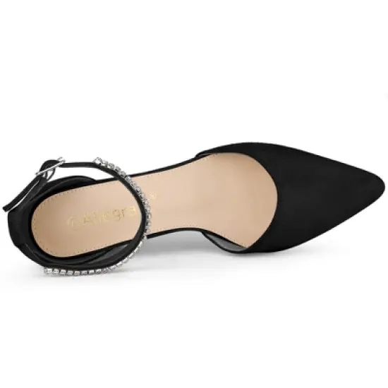 Allegra K Women's Pointed Toe Rhinestone Ankle Strap Chunky Heels Pumps image {3}