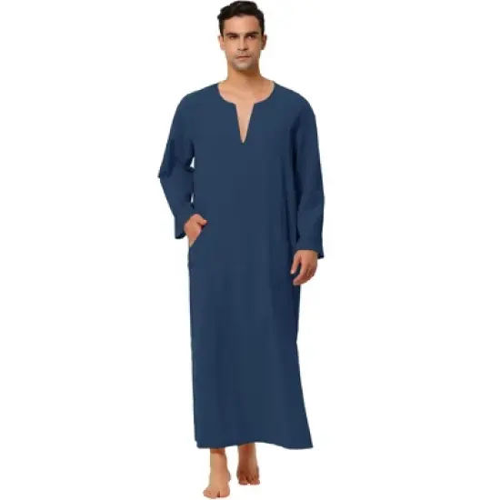 Lars Amadeus Men's Cotton V-Neck Side Split Long Night Gown with Pocket image {10}
