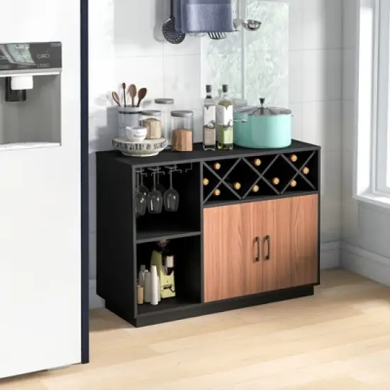 Costway Industrial Wine Bar Cabinet Sideboard Buffet with Glass Holder &  Adjustable Shelf image {3}