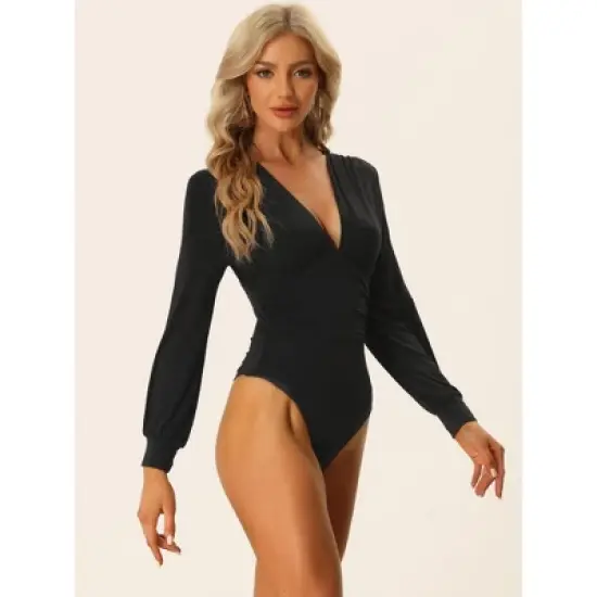 Allegra K Women's Deep V Neck Long Sleeve Ruched Stretchy Bodysuit image {3}