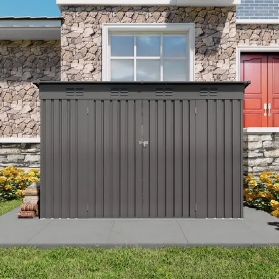 ORRD 4x9FT Outdoor Metal Storage Shed Sloping Roof, 6 Vents & 2 Swing Doors For Backyard/Garden/Garage/Lawn (Gray) image {2}