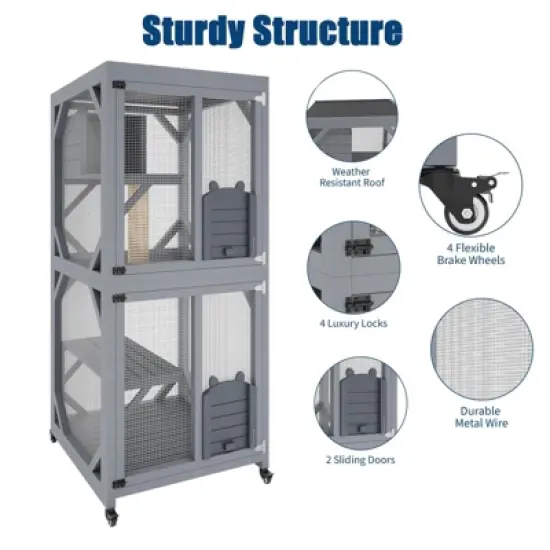 Outdoor Cat Enclosure - 4 Tiers on Wheels with Weatherproof Roof, Platforms, Resting Box, Scratch Post (68'' Window Catios) image {9}