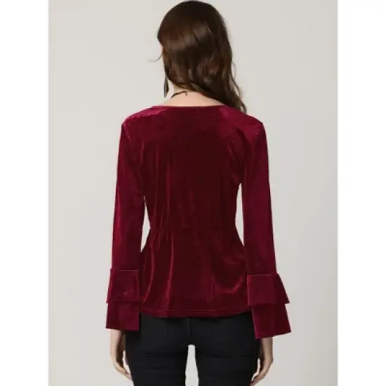 Allegra K Women's V Neck Velvet Blouse Flare Long Sleeve Peplum Top image {3}