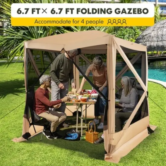 Costway 6.7 FT x 6.7 FT 4-Panel Pop up Camping Gazebo Quick-Set with 2 Sunshade Cloths Coffee/Green image {5}