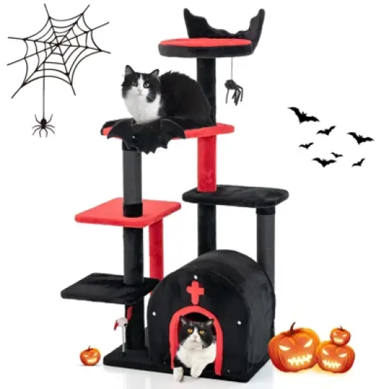 Tangkula Gothic Cat Tree 53" Black Cat Tower with Cat Bed Cat Condo Scratching Posts Spider Pompom & Spring Balls Halloween image {10}