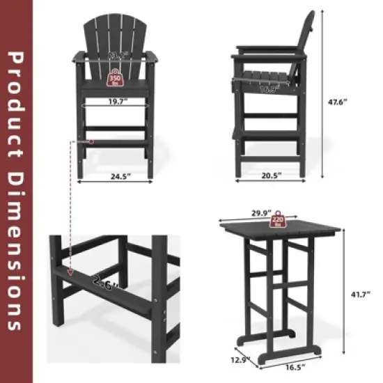 Hyleory 3-Piece HDPE Patio Bar Set with Adirondack Bar Stools - Durable Outdoor Furniture for Stylish Entertaining image {3}