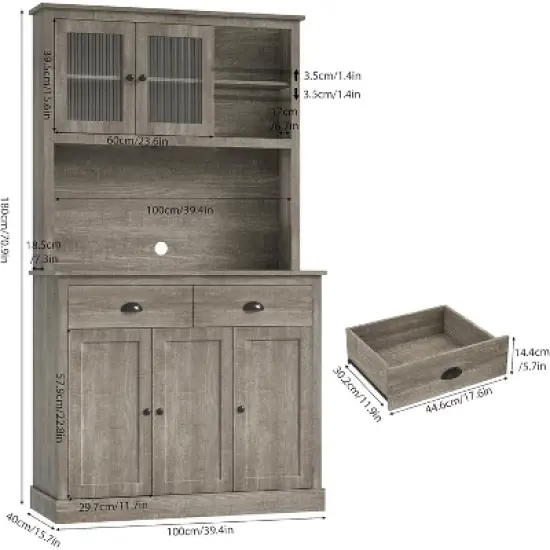 Homhougo 71" Freestanding Pantry Cabinet with Microwave Stand, Adjustable Shelves & Drawers, Farmhouse Hutch, Grey image {1}