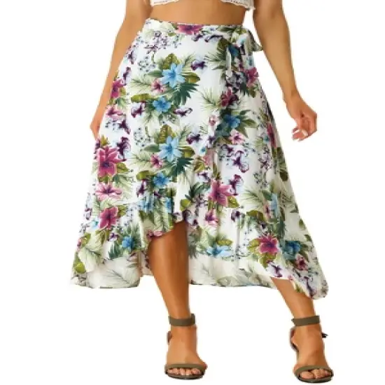 Allegra K Women's Tropical Floral Print Ruffle Self Tie Knot Split Beach Wrap Midi Skirt image {5}