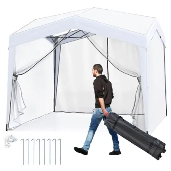 Costway 10 X 10 FT Pop up Canopy Tent with 4 Sidewalls Mesh Netting Wheeled Bag 8 Stakes image {7}