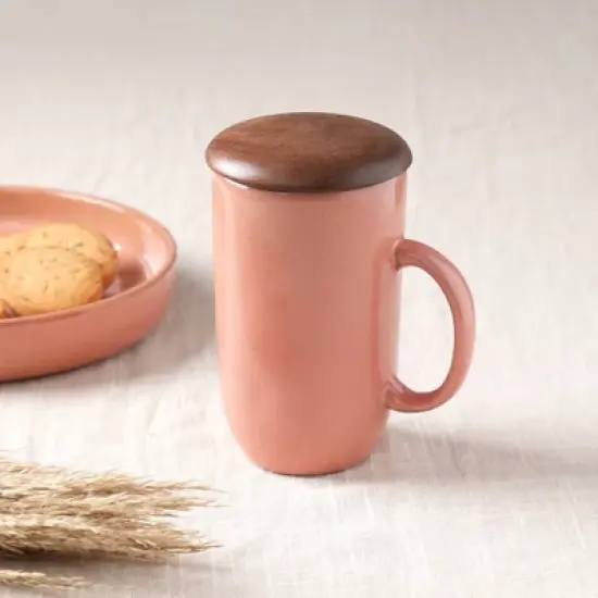 13.5 OZ Ceramic Peach Coffee Mug with Wooden Lid &uml;C Elegant & Functional Drinkware image {1}