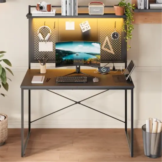 Bestier Gaming Desk with Power Outlets & LED Light, 39.3'' Computer Desk Office Table with Storage Shelves Pegboard image {8}