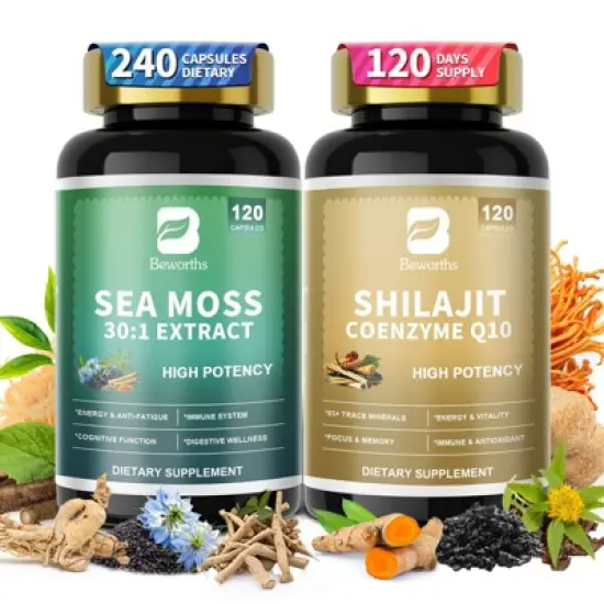 B Beworth Sea Moss and Shilajit Bundle, All in 1 Supplements for Energy, Endurance, Antioxidant & Immune Support, 240 Capsules image {8}