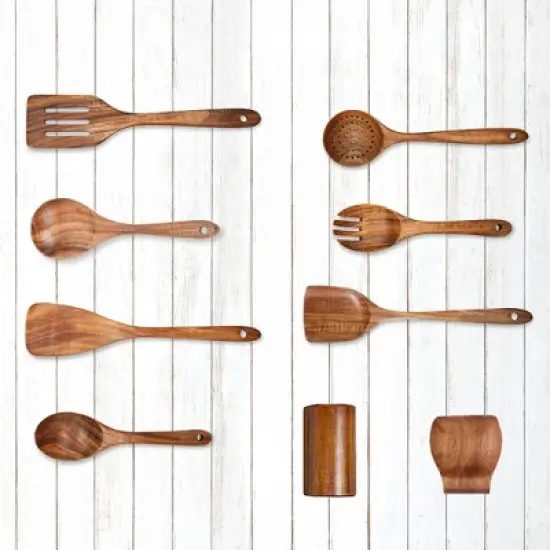 Cheer Collection 9 Piece Deluxe Wooden Utensils Set with Holder and Spoon Rest image {5}