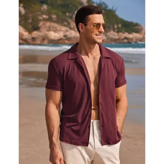 COOFANDY Mens Knit Button Down Short Sleeve Button Up Shirt Summer Casual Beach Tops image {10}