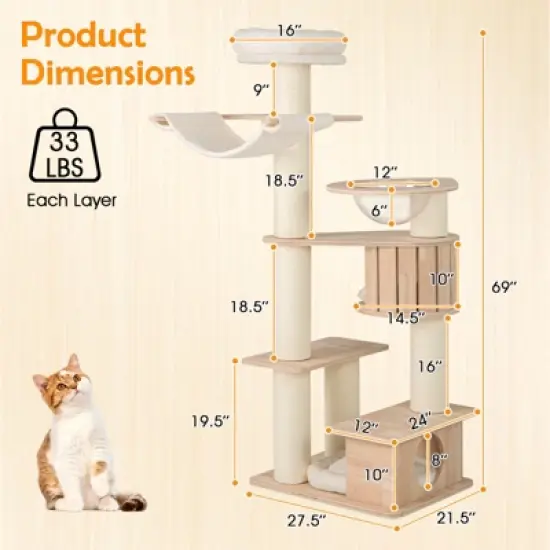Tangkula 69" Tall Cat Tree Wooden Kitten Tower w/ 2 Condos Cozy Top Perch Space Capsule image {8}