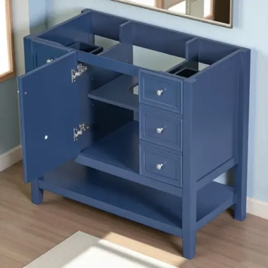 36" Freestanding Bathroom Vanity Base Only, Black Solid Wood & MDF Cabinet with 1 Door, 3 Drawers & Open Shelf, No Sink image {5}