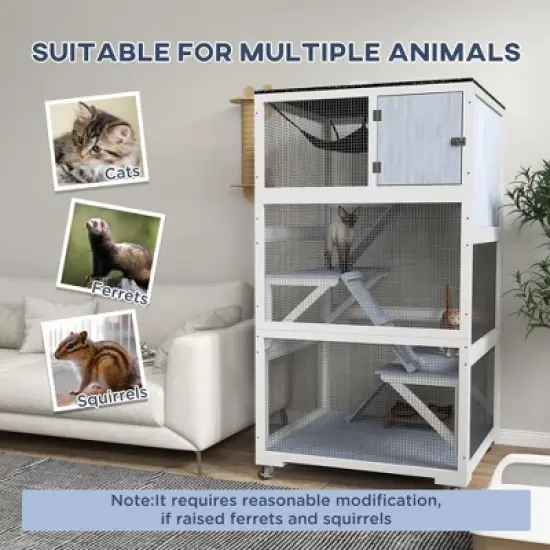 PawHut Catio, Outdoor Cat Enclosure House, Wooden Feral Cat Shelter on Wheels with Hammock, Platforms Ramps, and Waterproof Roof image {4}