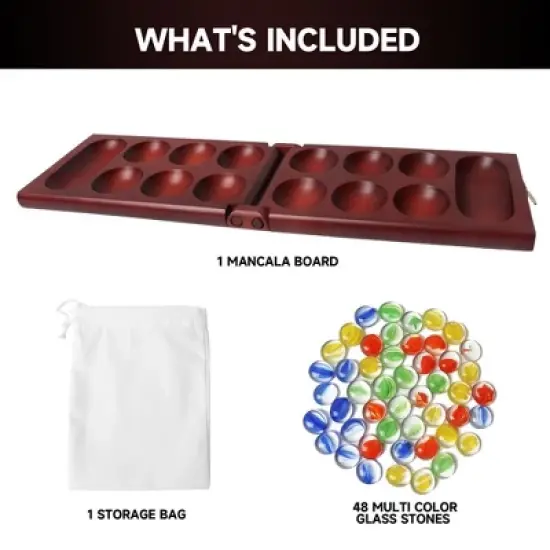 GSE Folding Wooden Mancala Board Game with Multi-Color Glass Stones and Storage Bag, Travel Game - Oak/Mahogany image {3}