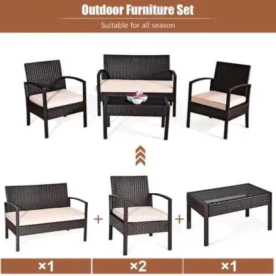 Costway Patio Rattan 4PCS Conversation Furniture Set Cushioned Seat Glass Table image {7}