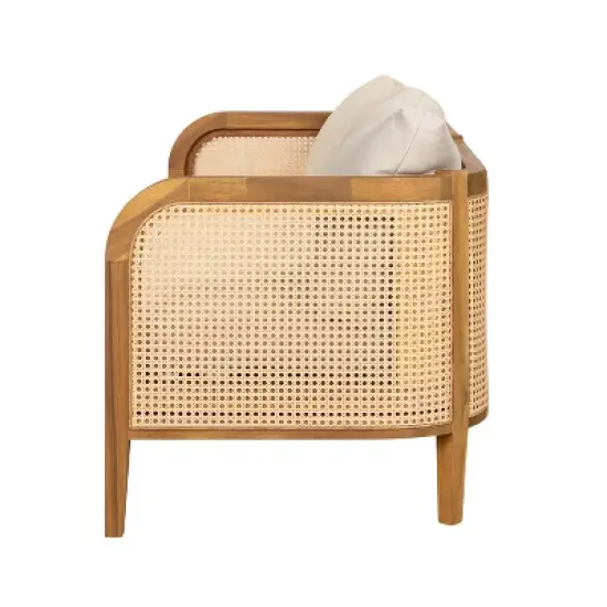 Christopher Knight Home Maciej 56" Patio Rustic Acacia Wood Upholstered Sofa with Rattan-Wrapped Frame image {3}