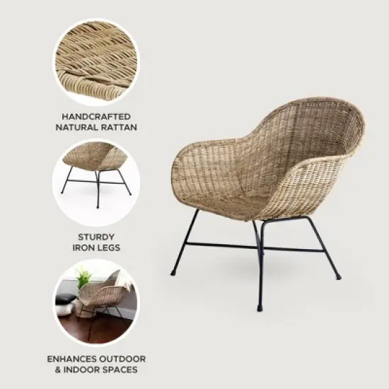 texxture Ormond Woven Rattan Patio and Lounge Chair, Indoor Outdoor Accent Furniture for Table or Porch with Metal Legs, Natural image {2}