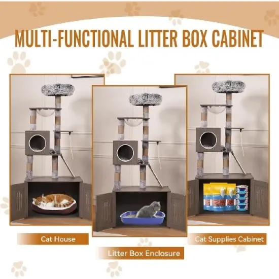 Acekool 67" Cat Tree & Litter Box Enclosure - 2-in-1 with Scratching Posts image {5}