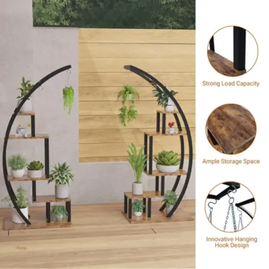 5 Tier Tall Metal Indoor Plant Stand, Half Moon Shape Garden Plant Holder, Round Flower Shelf Rack with 4 Hanging Hooks for Home image {6}